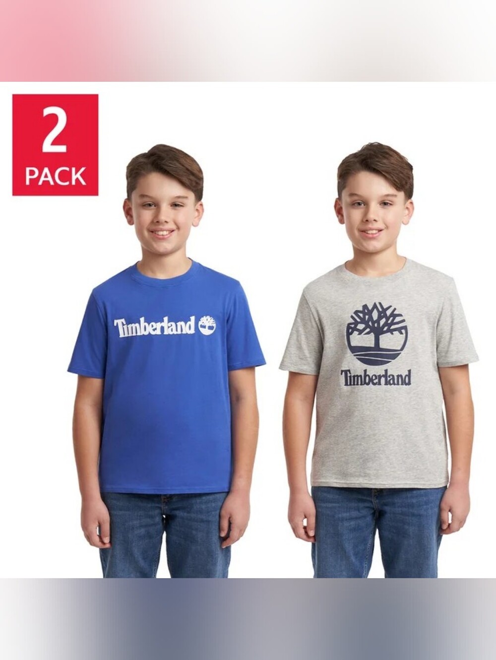 New!! Timberland Boys' 2-Pack Logo Tees 100% Cotton Blue & Heather Gray Crewneck